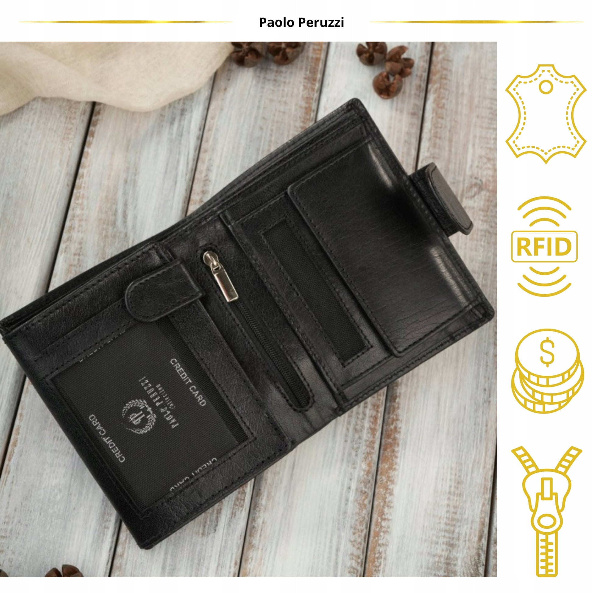 Moteriška odinė piniginė su RFID sistema, banknotams ir monetoms, Juoda Paolo Peruzzi