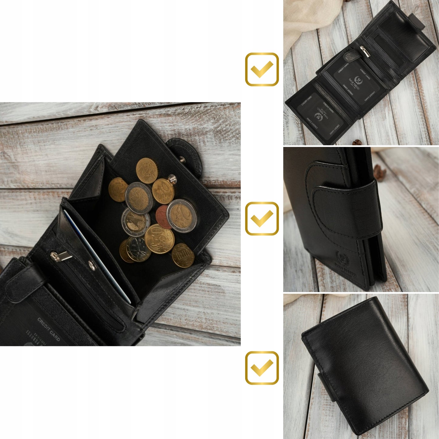 Moteriška odinė piniginė su RFID sistema, banknotams ir monetoms, Juoda Paolo Peruzzi