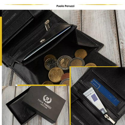 Moteriška odinė piniginė su RFID sistema, banknotams ir monetoms, Juoda Paolo Peruzzi