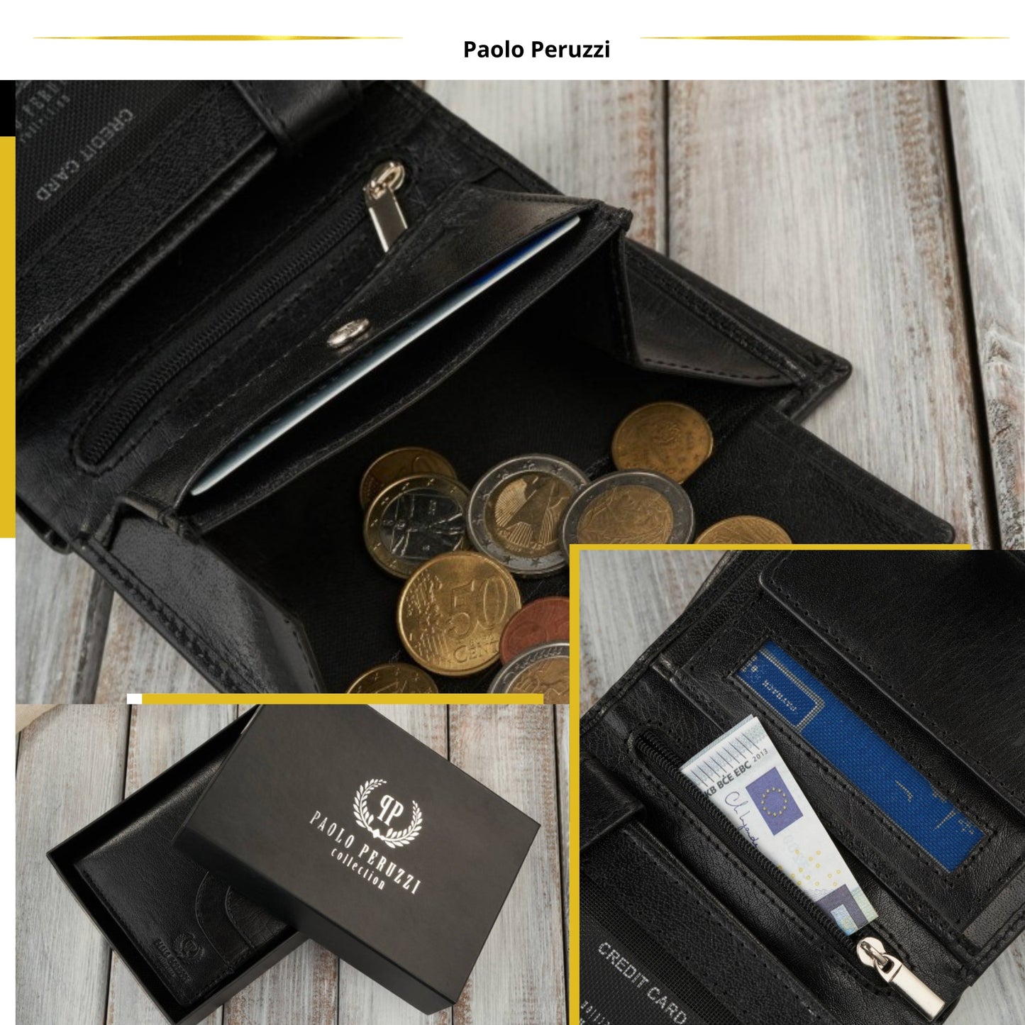 Moteriška odinė piniginė su RFID sistema, banknotams ir monetoms, Juoda Paolo Peruzzi