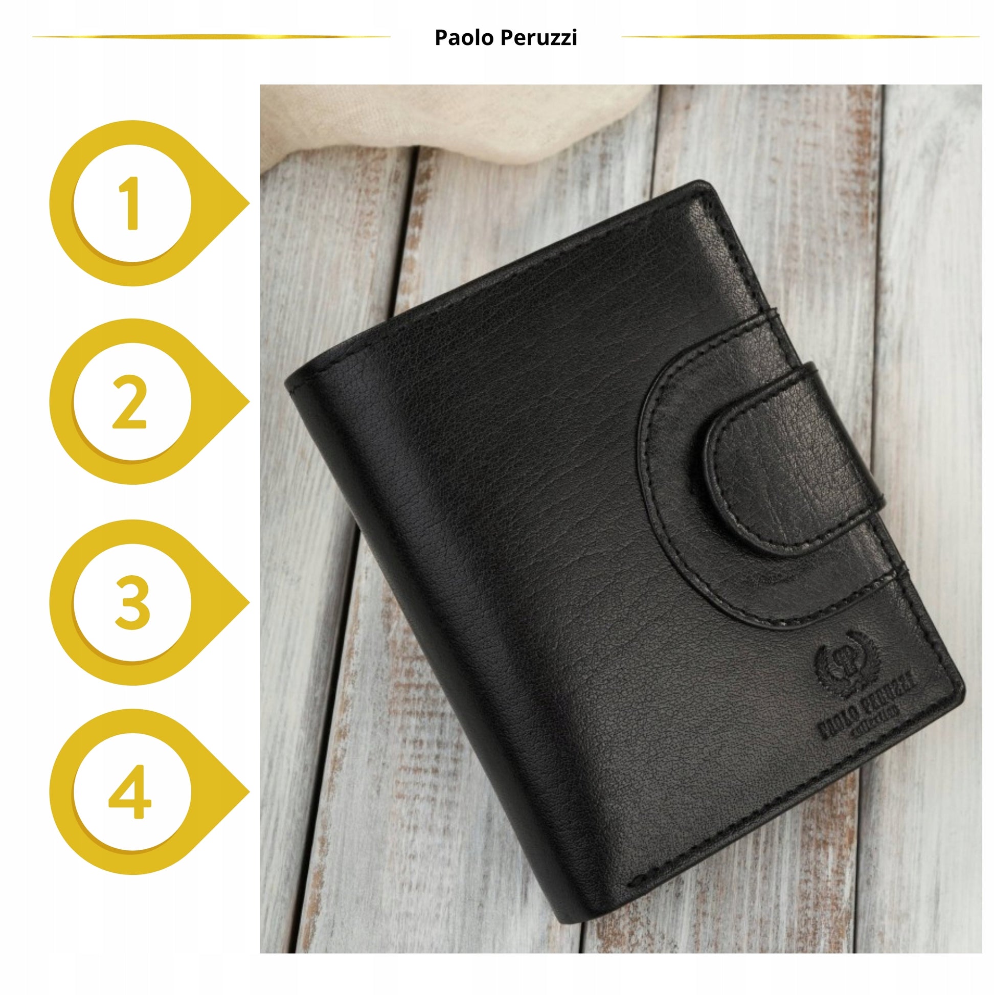 Moteriška odinė piniginė su RFID sistema, banknotams ir monetoms, Juoda Paolo Peruzzi