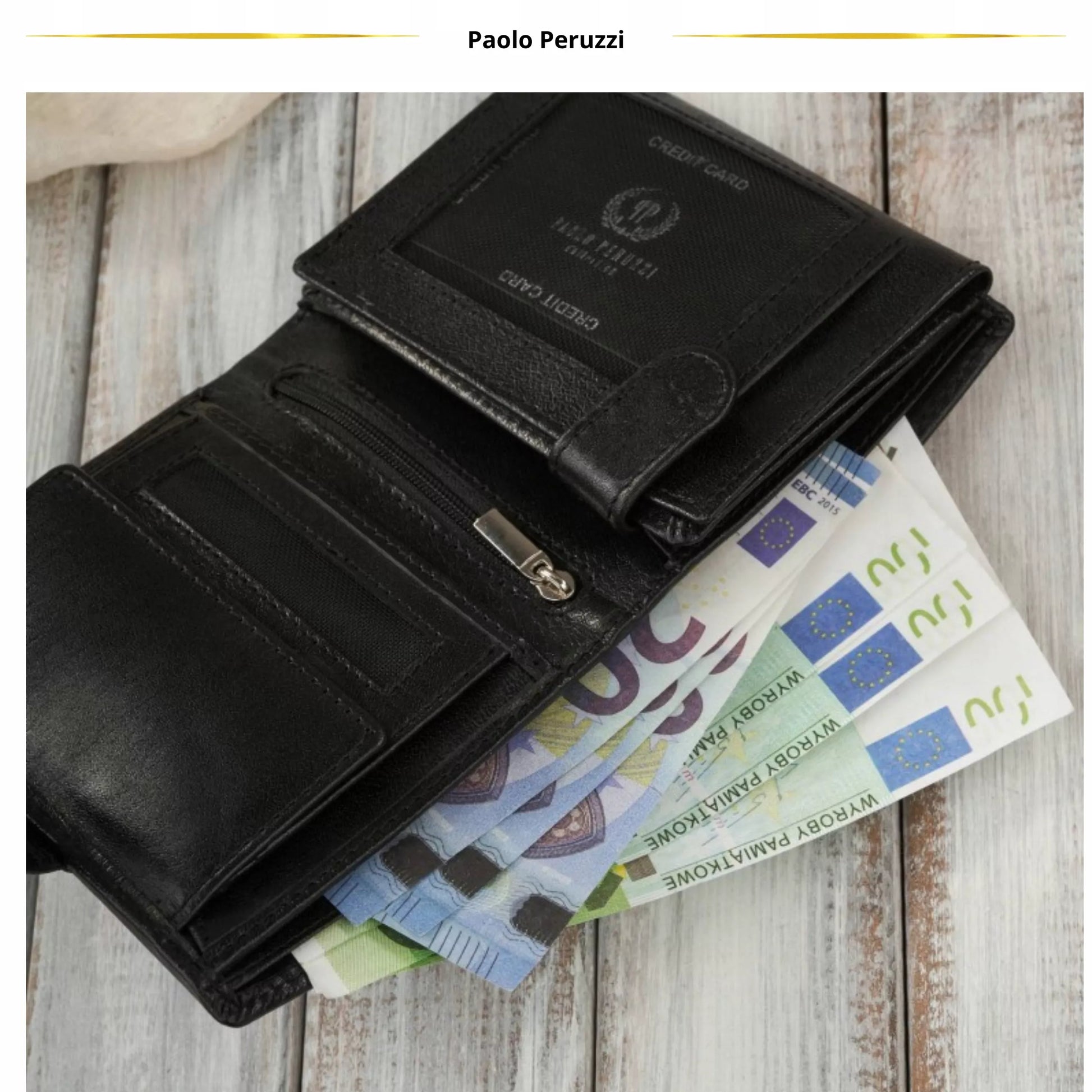 Moteriška odinė piniginė su RFID sistema, banknotams ir monetoms, Juoda Paolo Peruzzi