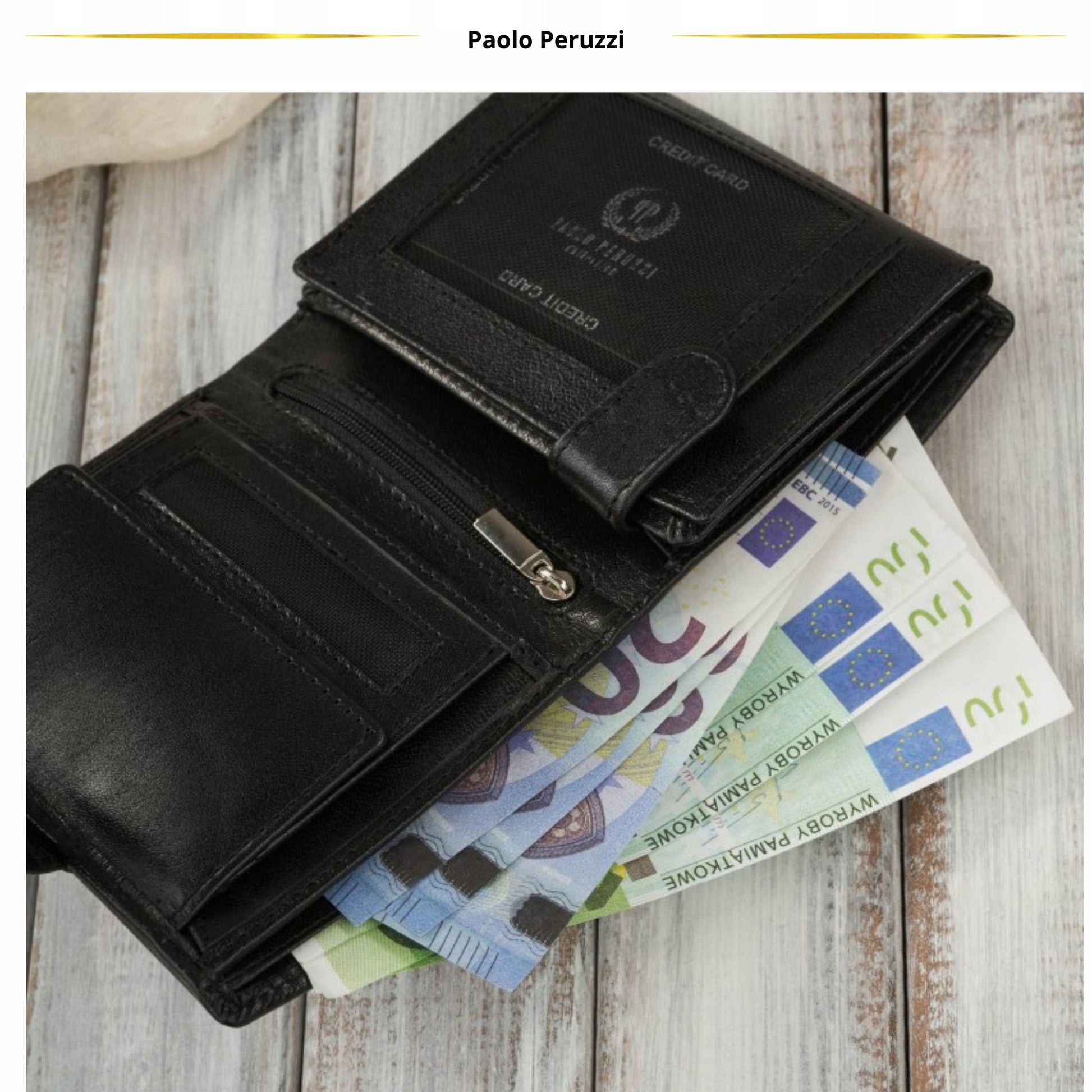 Moteriška odinė piniginė su RFID sistema, banknotams ir monetoms, Juoda Paolo Peruzzi