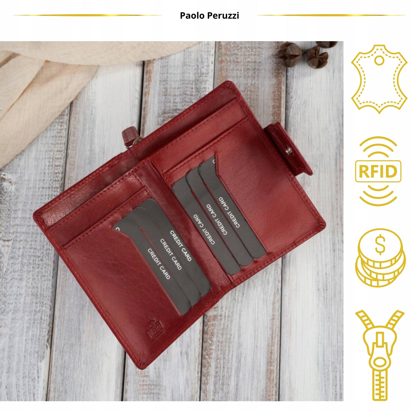 Moteriška odinė piniginė su RFID sistema, banknotams ir monetoms, Paolo Peruzzi, raudona