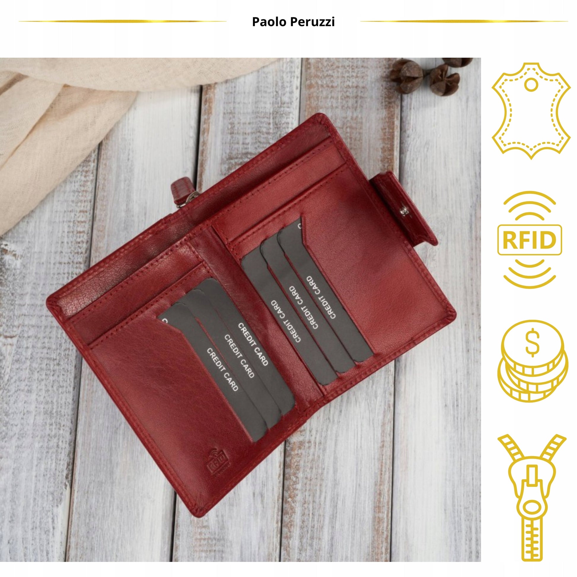 Moteriška odinė piniginė su RFID sistema, banknotams ir monetoms, Paolo Peruzzi, raudona