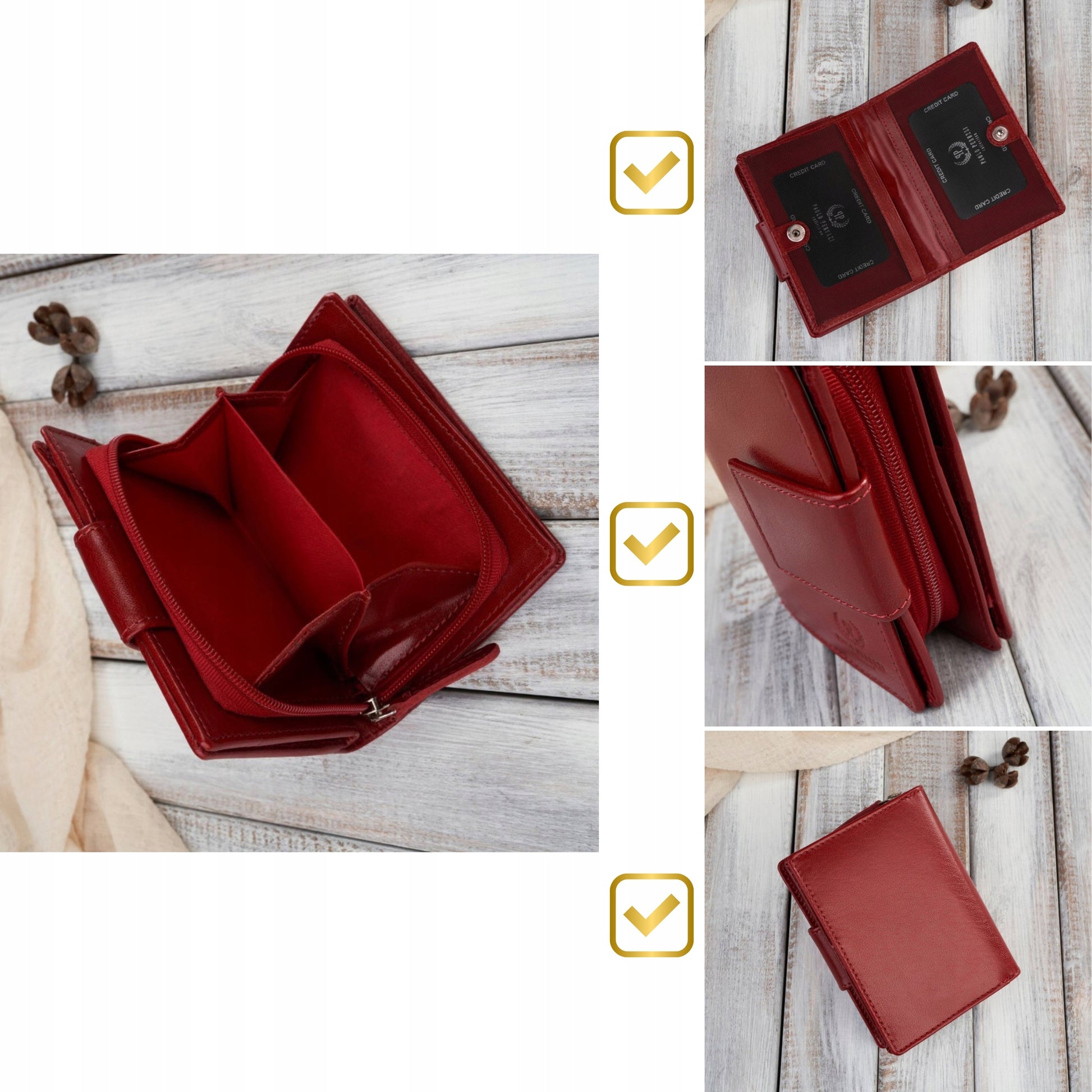 Moteriška odinė piniginė su RFID sistema, banknotams ir monetoms, Paolo Peruzzi, raudona