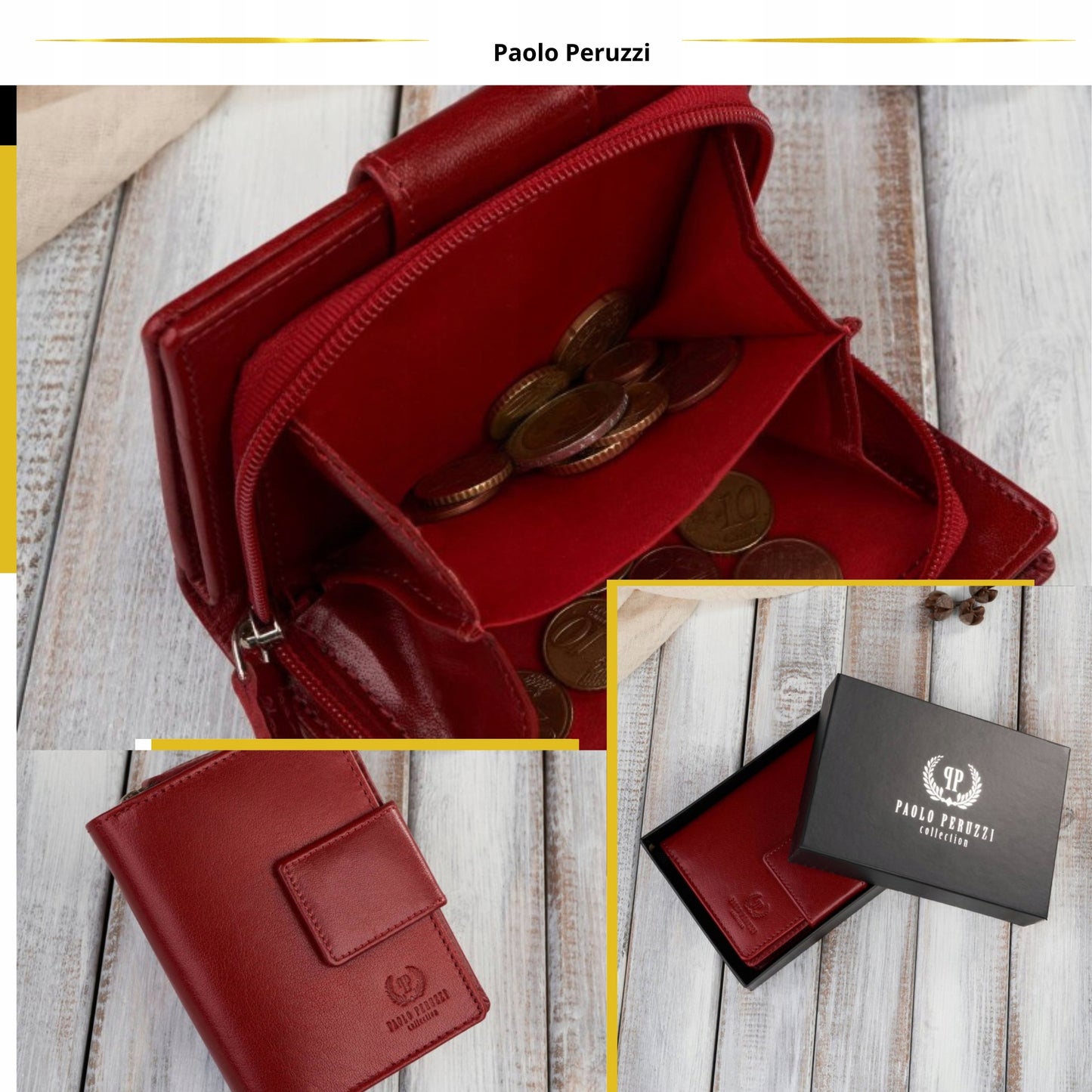 Moteriška odinė piniginė su RFID sistema, banknotams ir monetoms, Paolo Peruzzi, raudona