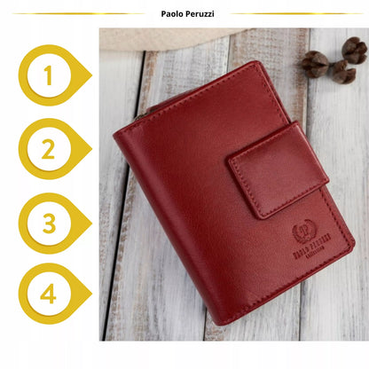 Moteriška odinė piniginė su RFID sistema, banknotams ir monetoms, Paolo Peruzzi, raudona