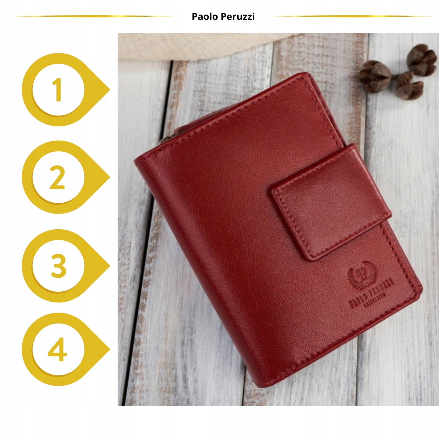 Moteriška odinė piniginė su RFID sistema, banknotams ir monetoms, Paolo Peruzzi, raudona