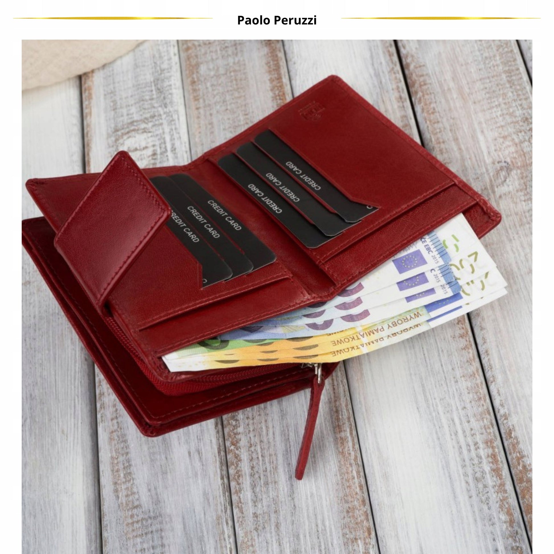 Moteriška odinė piniginė su RFID sistema, banknotams ir monetoms, Paolo Peruzzi, raudona