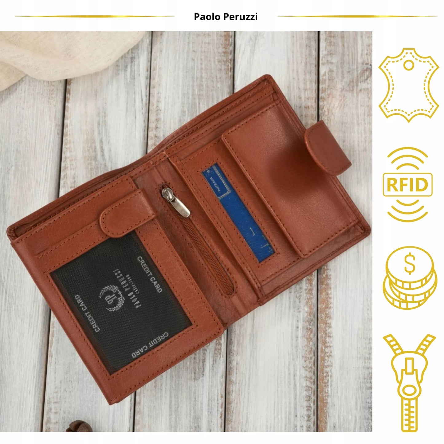 Moteriška Odinė Piniginė su RFID Apsauga, Skirta Pinigams ir Kortelėms, Konjako Spalvos, Paolo Peruzzi