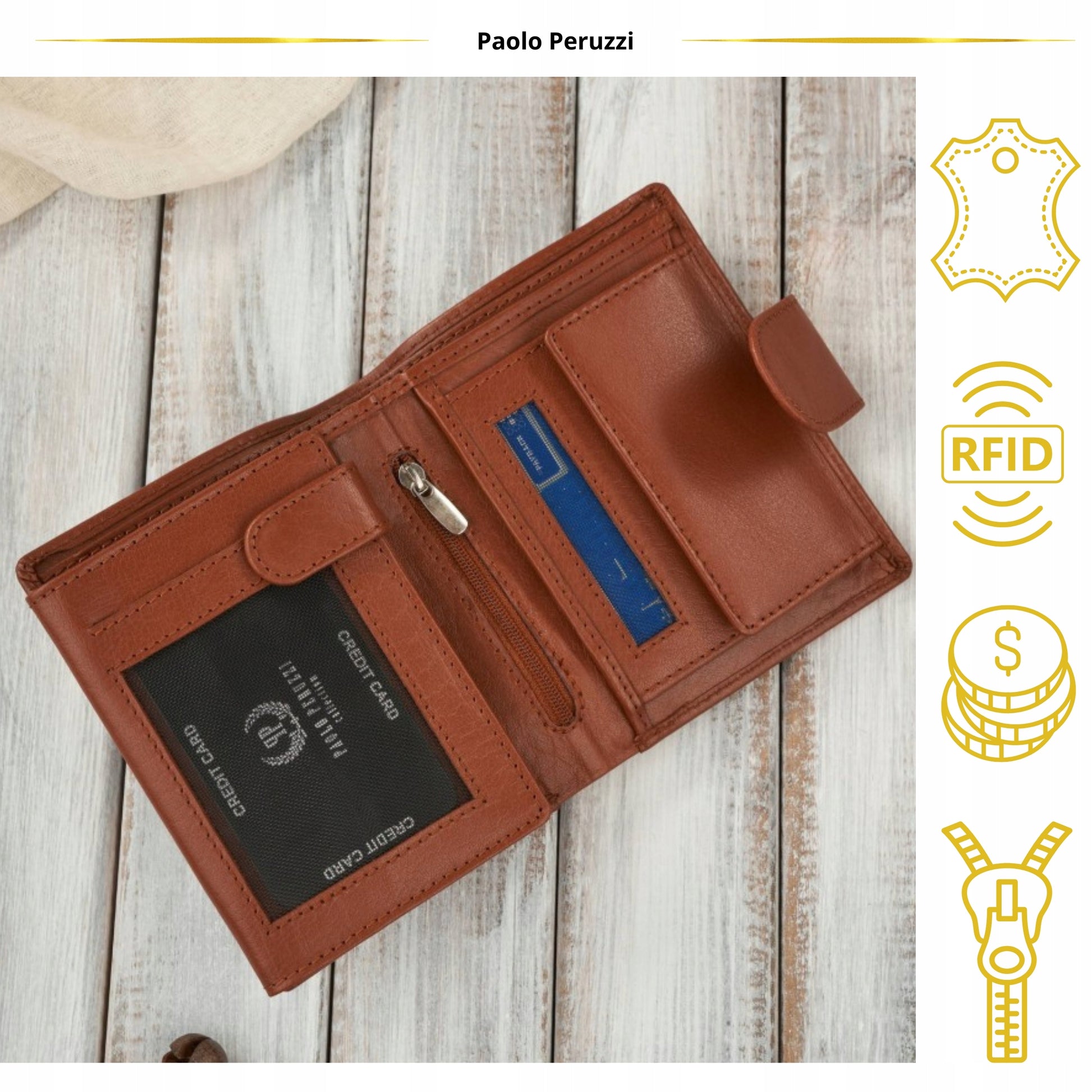 Moteriška Odinė Piniginė su RFID Apsauga, Skirta Pinigams ir Kortelėms, Konjako Spalvos, Paolo Peruzzi