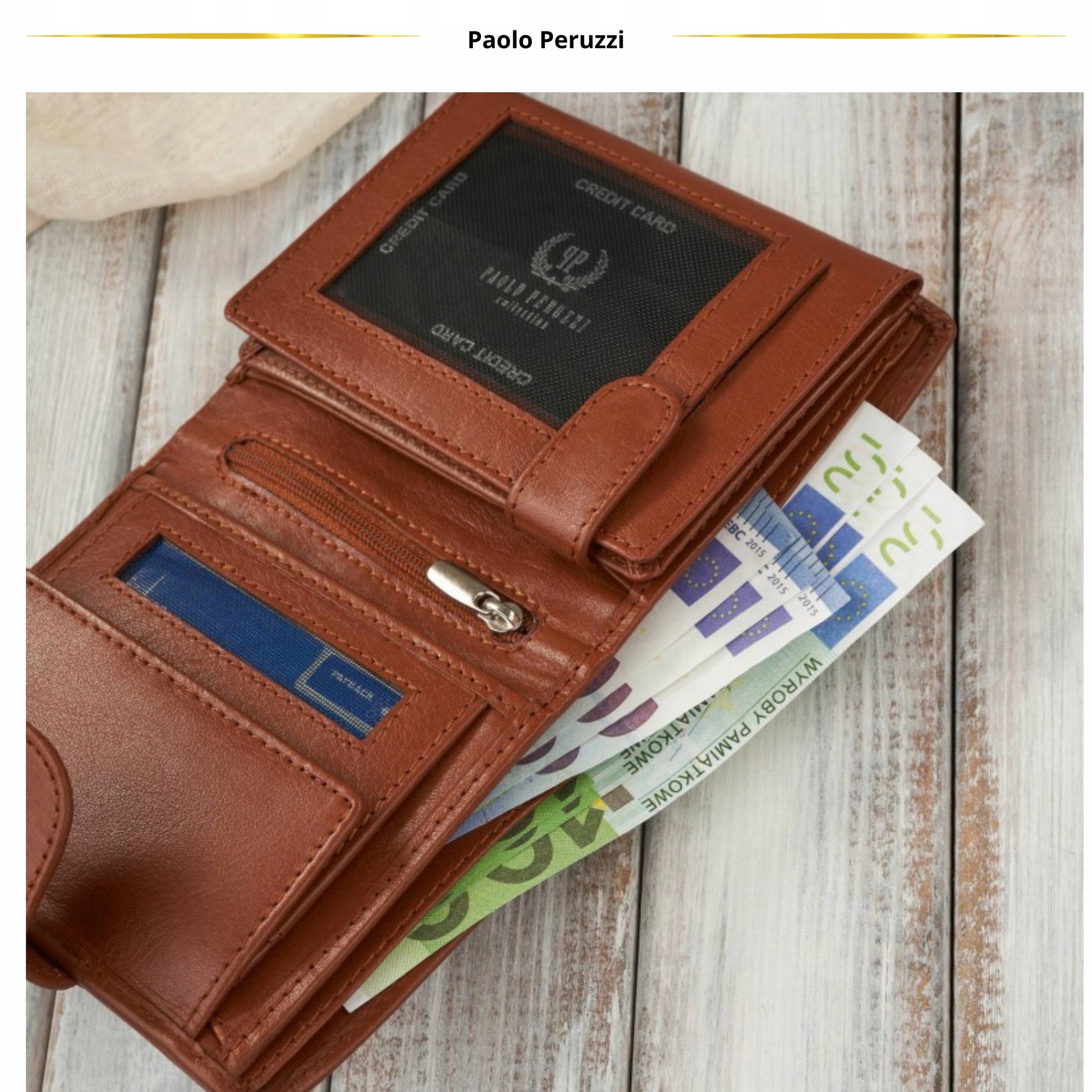 Moteriška Odinė Piniginė su RFID Apsauga, Skirta Pinigams ir Kortelėms, Konjako Spalvos, Paolo Peruzzi