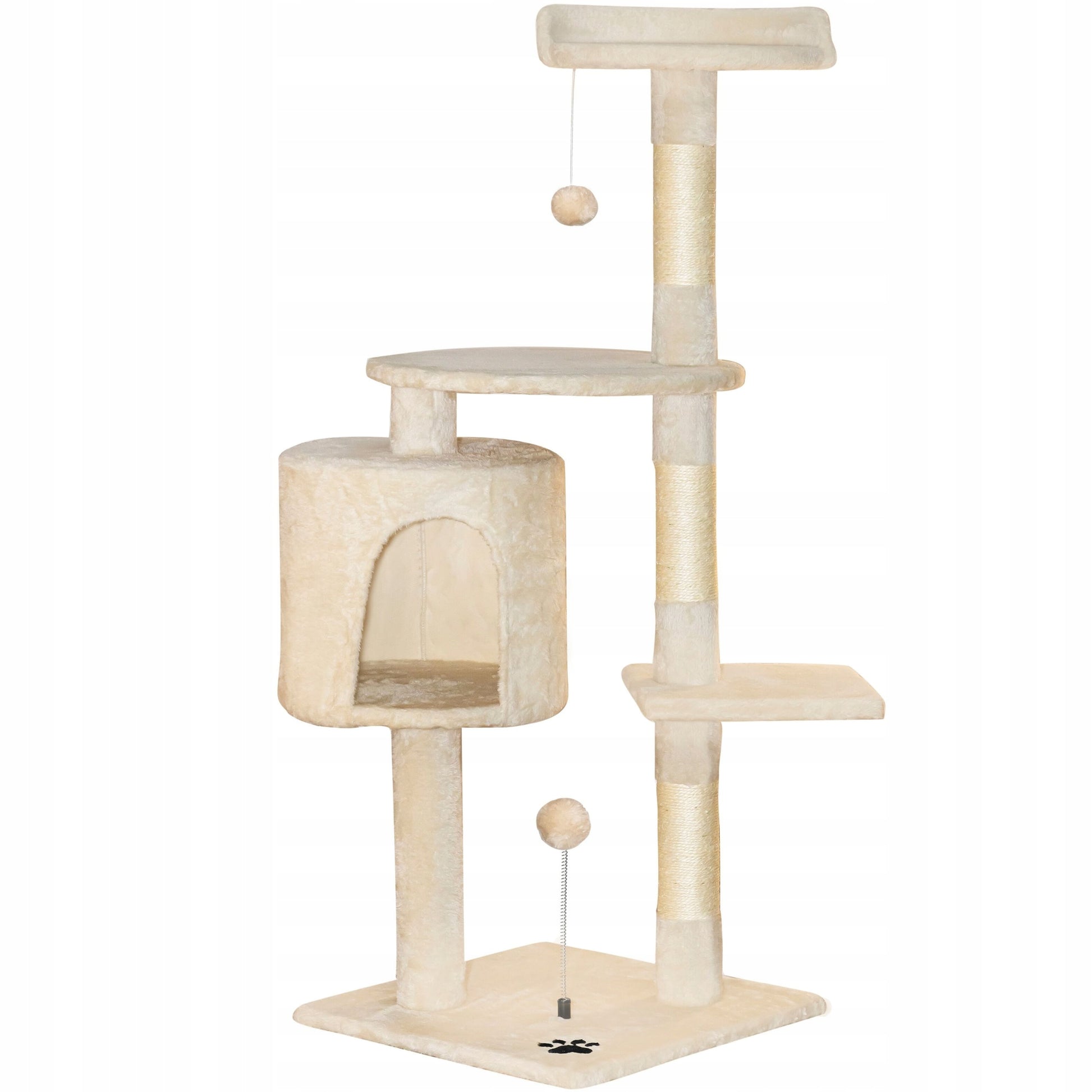 TomiDomi Katės draskyklė smėlio spalvos 116cm, 5 lygiai, namelis, bokštelis, kamuoliukai