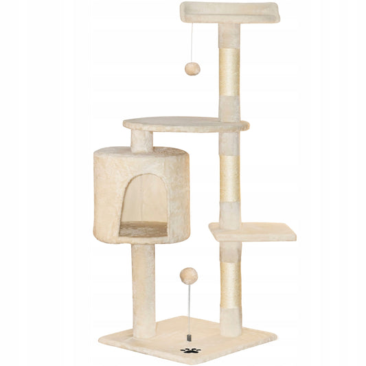 TomiDomi Katės draskyklė smėlio spalvos 116cm, 5 lygiai, namelis, bokštelis, kamuoliukai