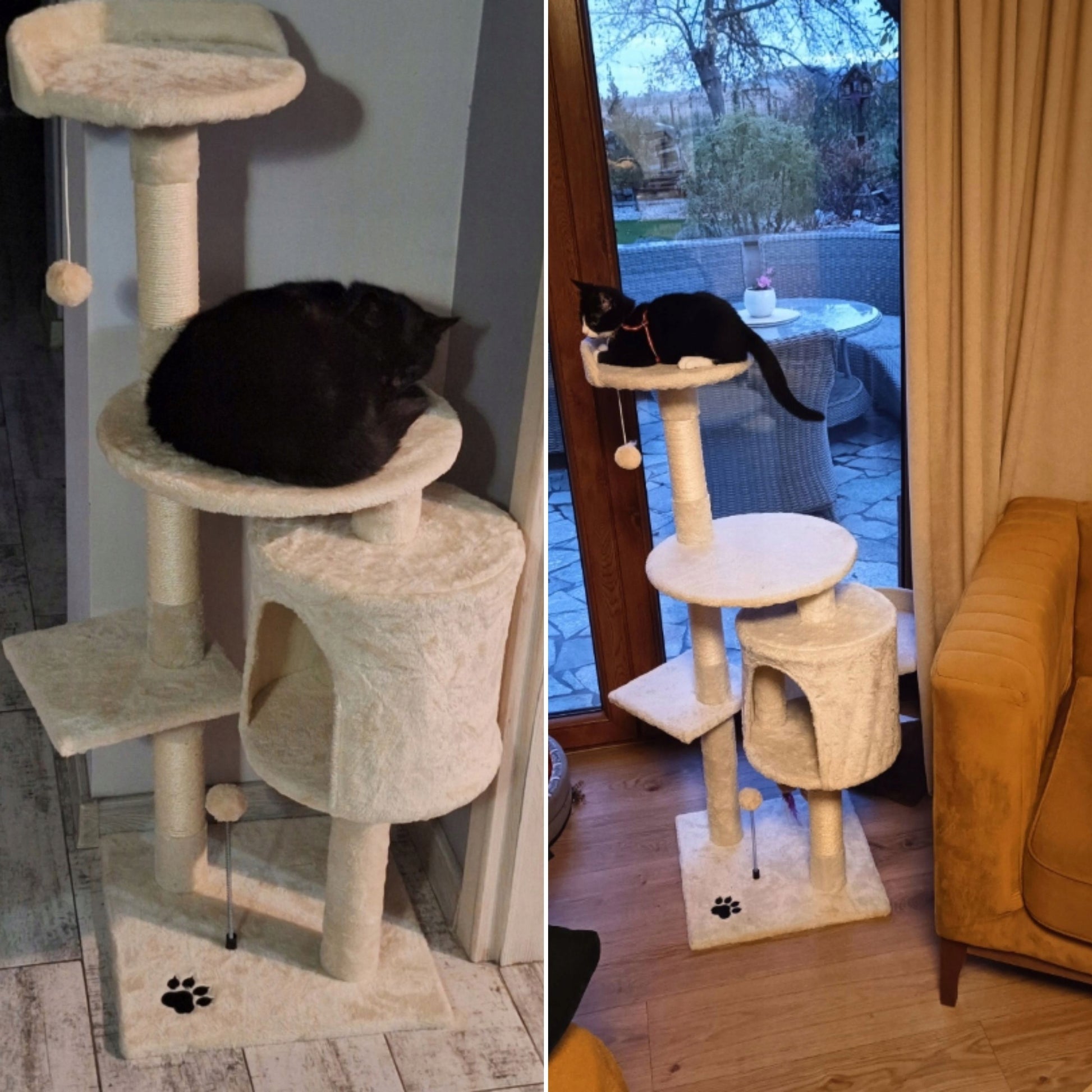 TomiDomi Katės draskyklė smėlio spalvos 116cm, 5 lygiai, namelis, bokštelis, kamuoliukai