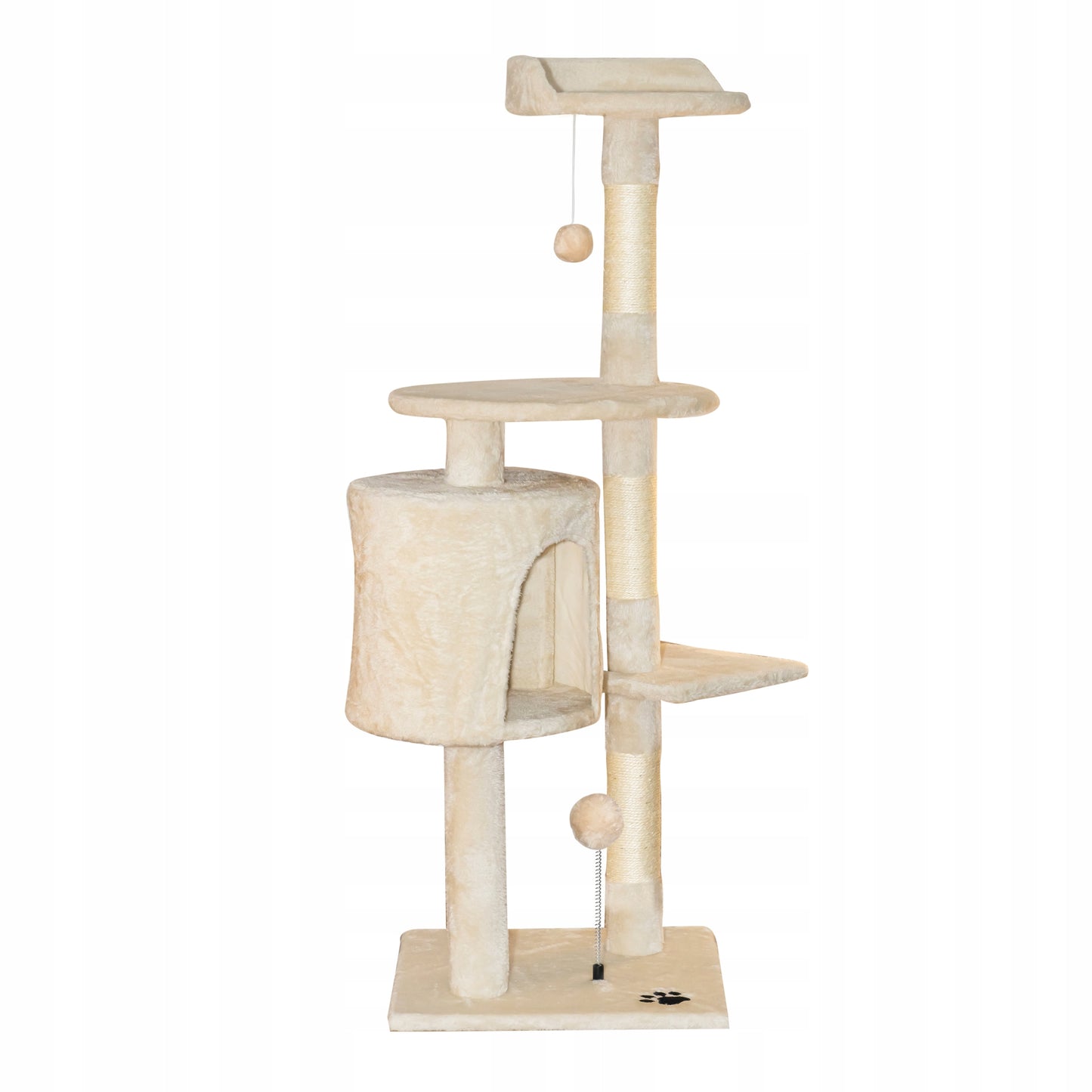 TomiDomi Katės draskyklė smėlio spalvos 116cm, 5 lygiai, namelis, bokštelis, kamuoliukai