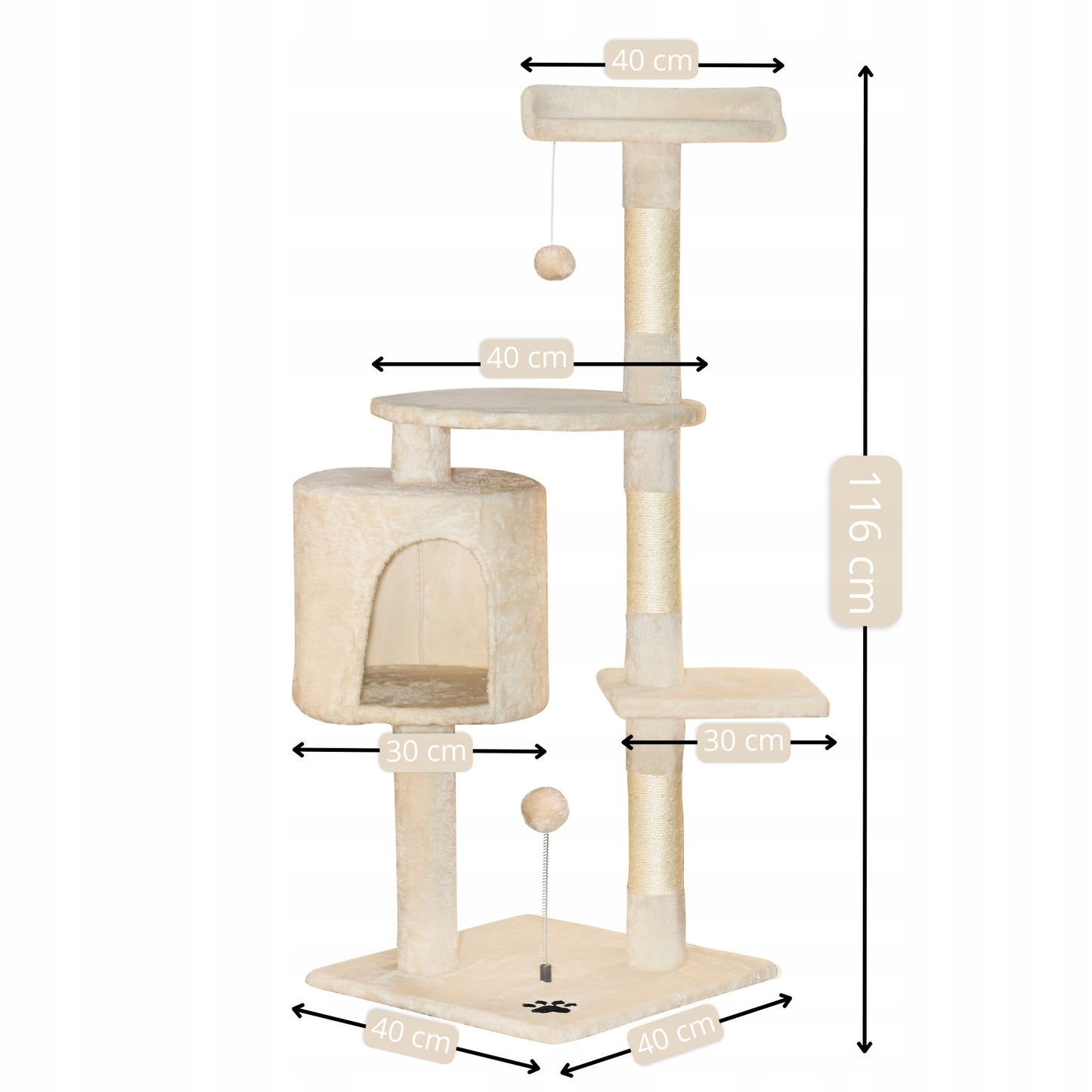 TomiDomi Katės draskyklė smėlio spalvos 116cm, 5 lygiai, namelis, bokštelis, kamuoliukai