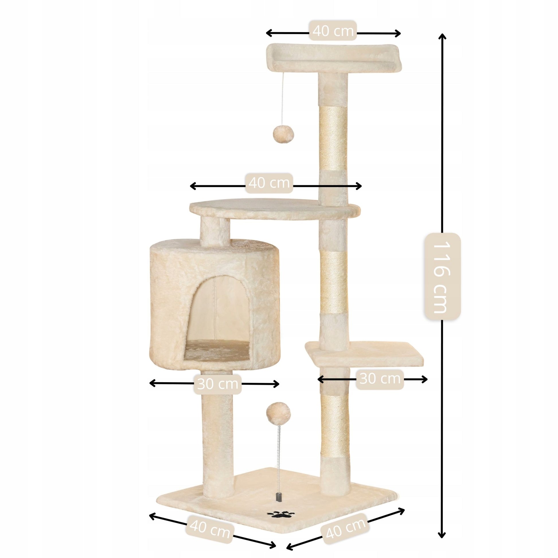 TomiDomi Katės draskyklė smėlio spalvos 116cm, 5 lygiai, namelis, bokštelis, kamuoliukai