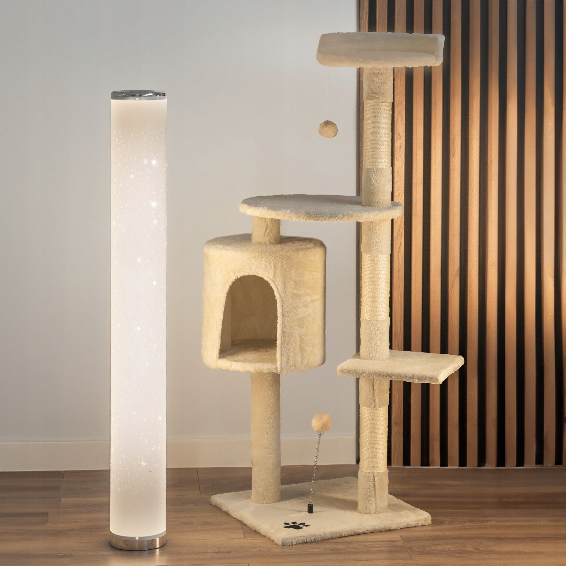 TomiDomi Katės draskyklė smėlio spalvos 116cm, 5 lygiai, namelis, bokštelis, kamuoliukai