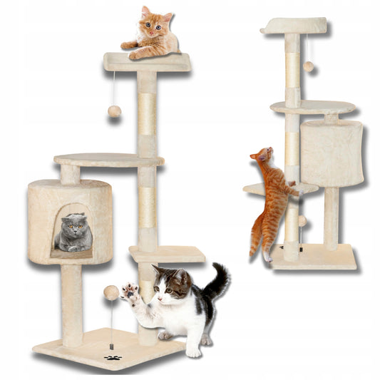 TomiDomi Katės draskyklė smėlio spalvos 116cm, 5 lygiai, namelis, bokštelis, kamuoliukai