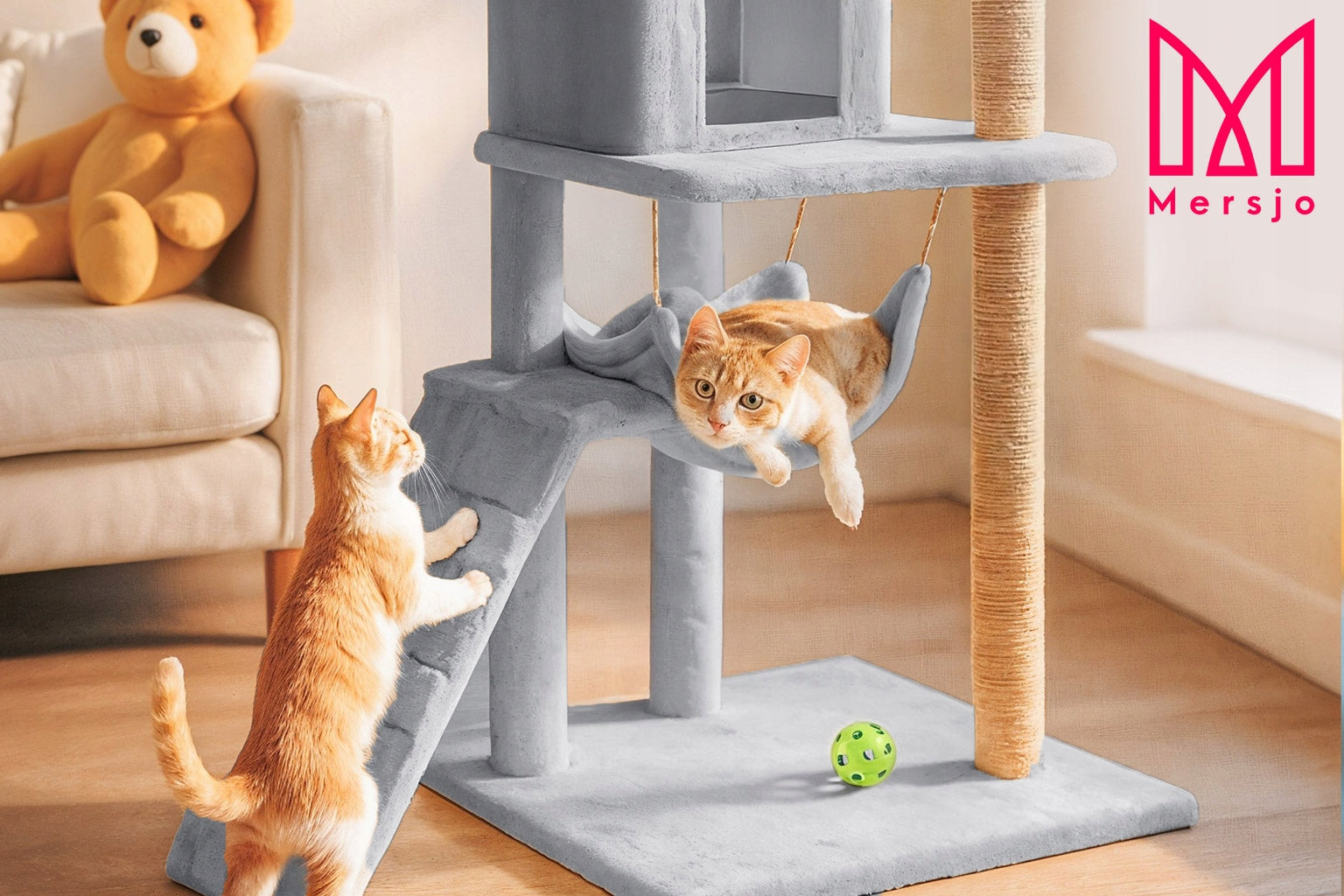 Kačių draskyklė 6 lygių, aukštas namelis, guolis su žaislu Mersjo - 125cm