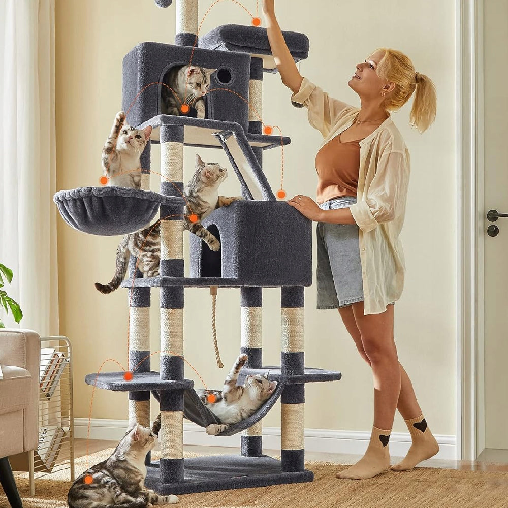 Aukštas kačių draskyklė 206cm DAUGIAUKOPĖMĖS lova, hamakas, namelis, tamsiai pilka