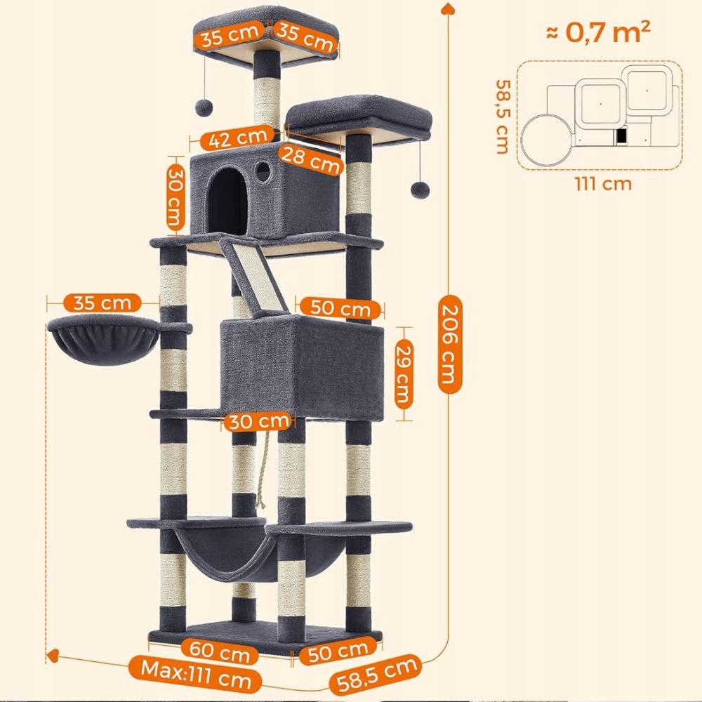 Aukštas kačių draskyklė 206cm DAUGIAUKOPĖMĖS lova, hamakas, namelis, tamsiai pilka
