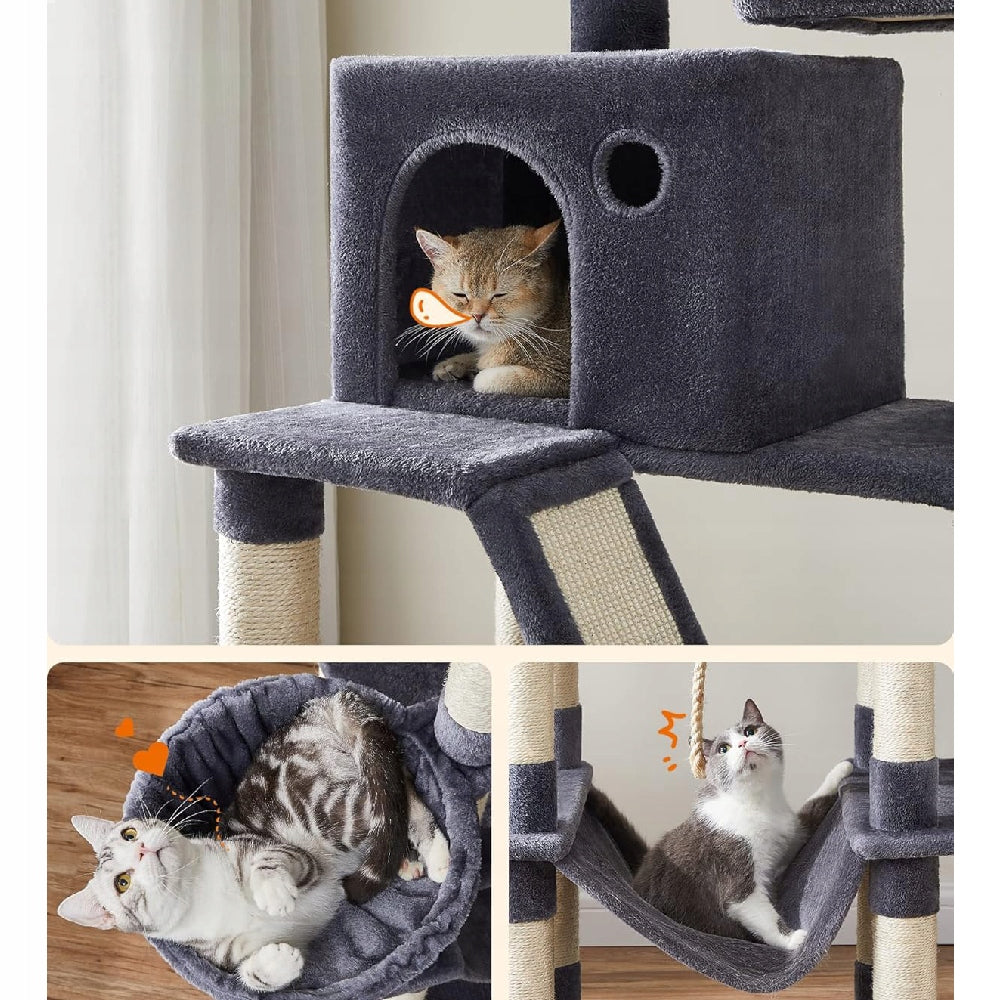 Aukštas kačių draskyklė 206cm DAUGIAUKOPĖMĖS lova, hamakas, namelis, tamsiai pilka