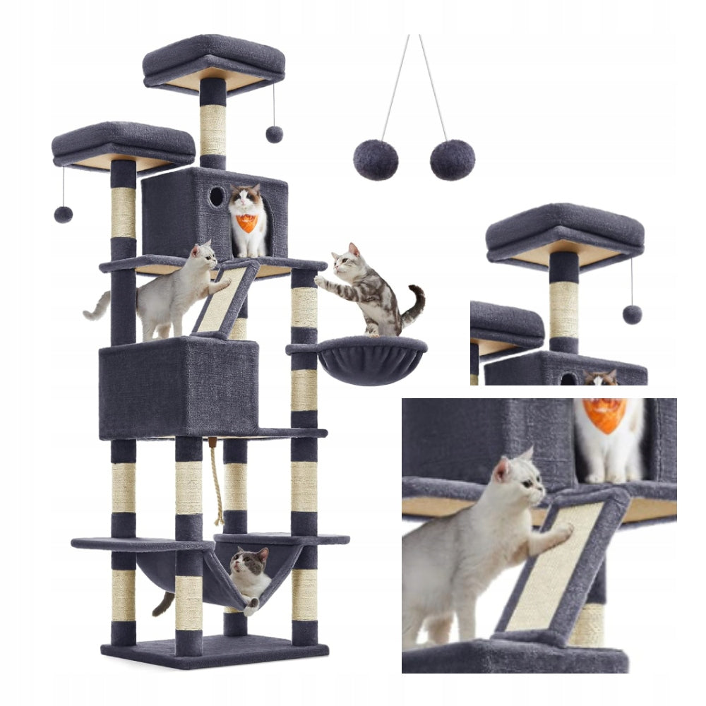 Aukštas kačių draskyklė 206cm DAUGIAUKOPĖMĖS lova, hamakas, namelis, tamsiai pilka