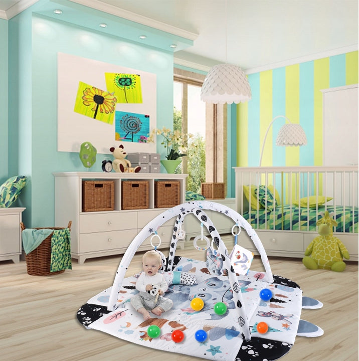 Didelė minkšta interaktyvi edukacinė kilimėlis 4in1 su knygute, pagalvėle ir kamuoliukais