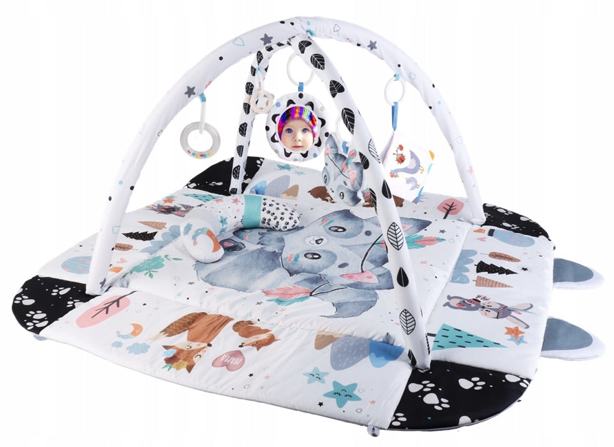 Didelė minkšta interaktyvi edukacinė kilimėlis 4in1 su knygute, pagalvėle ir kamuoliukais