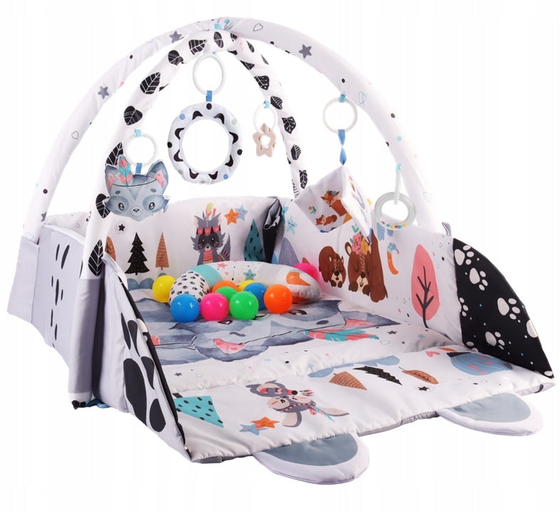 Didelė minkšta interaktyvi edukacinė kilimėlis 4in1 su knygute, pagalvėle ir kamuoliukais