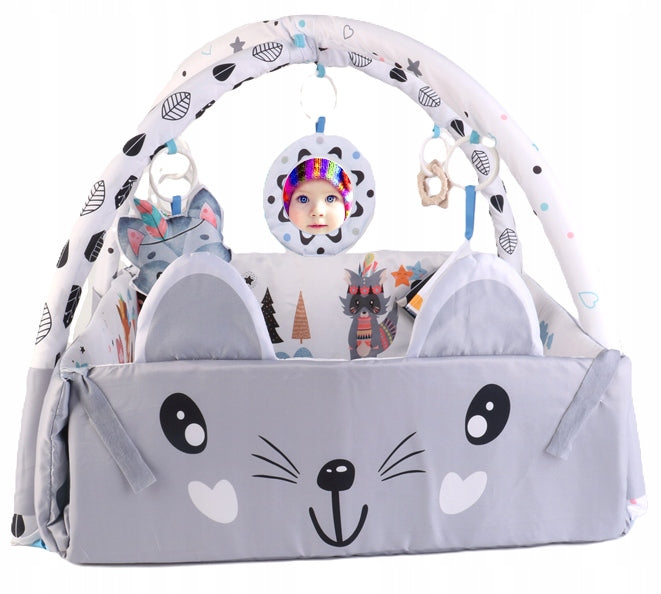 Didelė minkšta interaktyvi edukacinė kilimėlis 4in1 su knygute, pagalvėle ir kamuoliukais