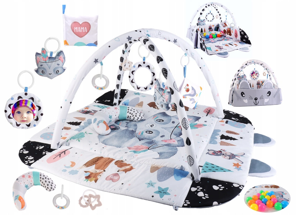 Didelė minkšta interaktyvi edukacinė kilimėlis 4in1 su knygute, pagalvėle ir kamuoliukais