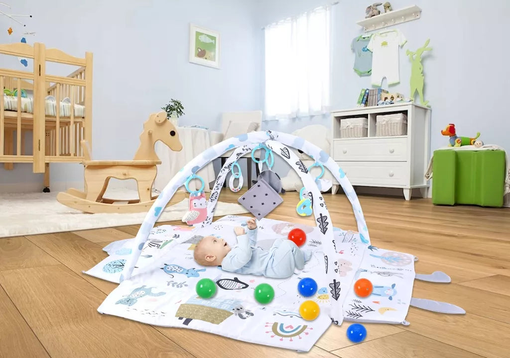 Duża miękka interaktywna mata edukacyjna 4w1 z poduszką Minky i 20 piłeczkami