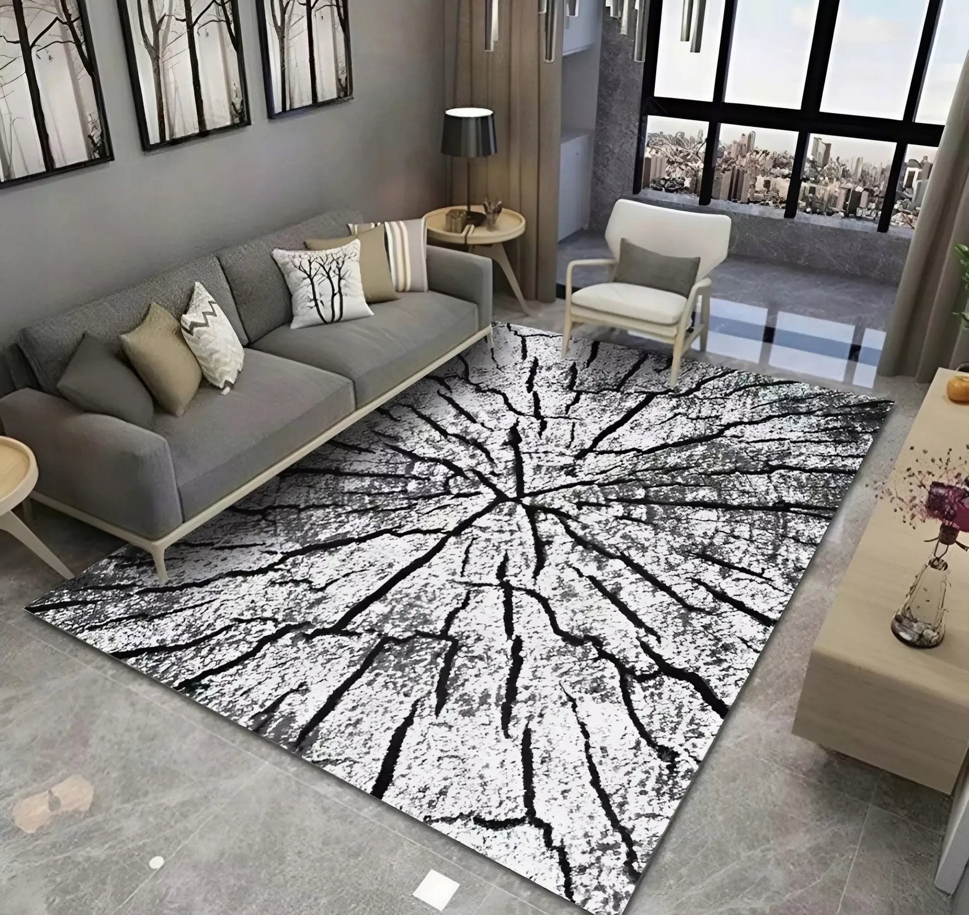 Kilimas 160x220 pilkas svetainei, medžio kamieno gamtos 3D efektas, loft, Deluxe Tree