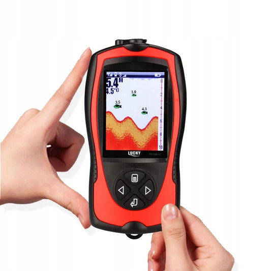 Belaidis žvejybinis echolotas LUCKY 100m su pavojaus signalu, skirtas žvejybiniams laiveliams