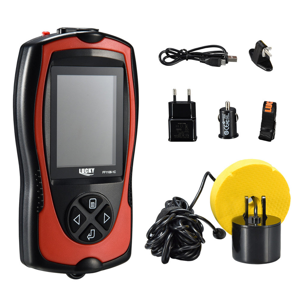 Belaidis žvejybinis echolotas LUCKY 100m su pavojaus signalu, skirtas žvejybiniams laiveliams