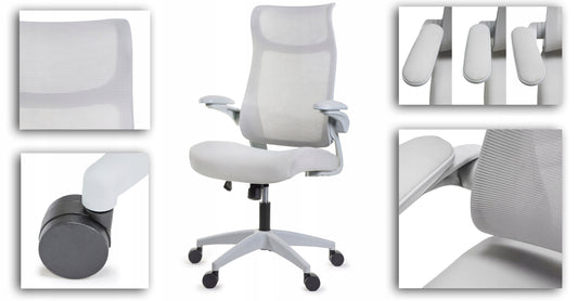 Ergonomiškas pilkas biuro krėslas FHX011, reguliuojami porankiai, darbo sauga, pilkas