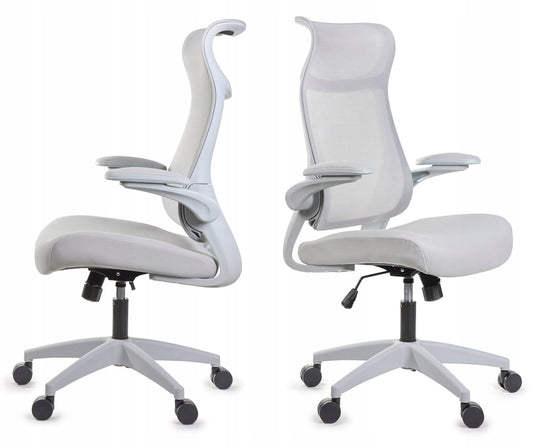 Ergonomiškas pilkas biuro krėslas FHX011, reguliuojami porankiai, darbo sauga, pilkas