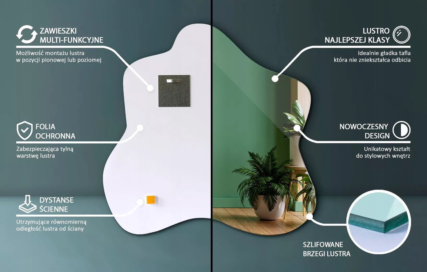 Smulkus veidrodis netaisyklingos organinės formos moderniems interjerams