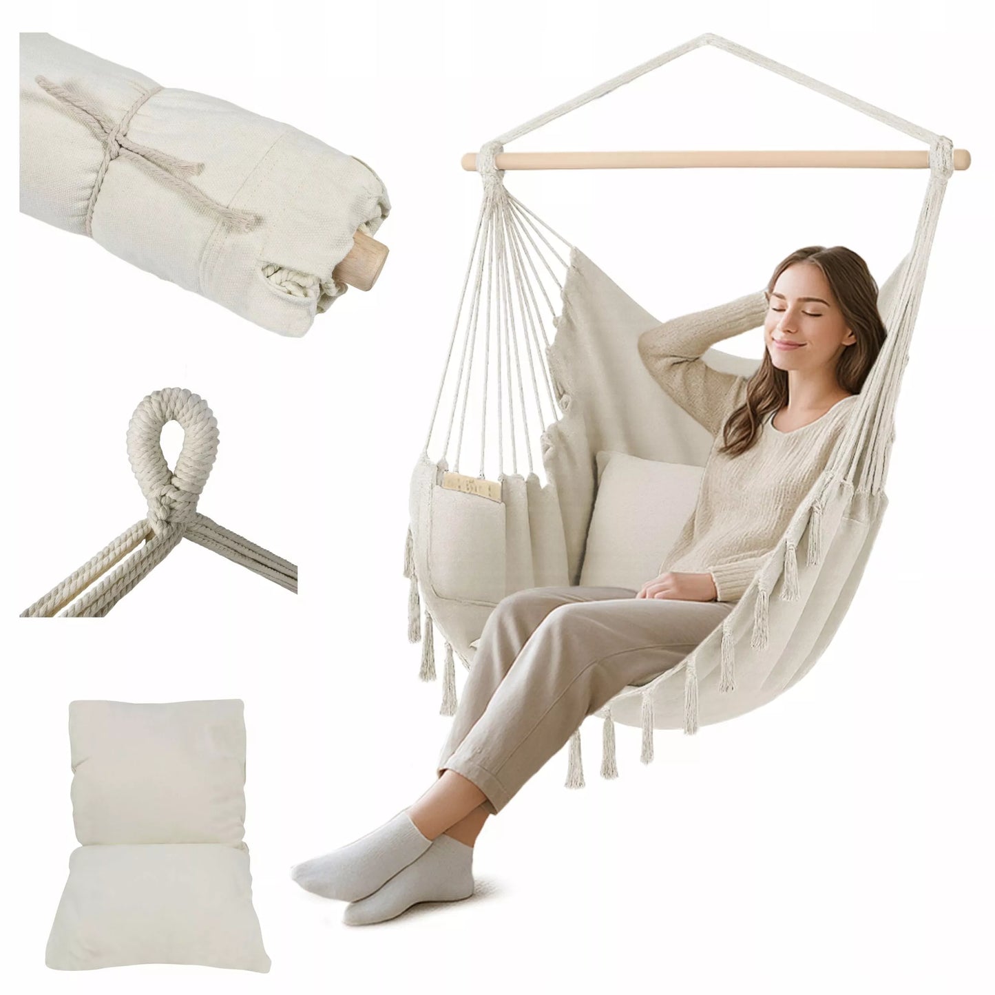 Pakabinamas BOHO krėslas Braziliška kėdė Sodo hamakas balkonui ŠVIESIAI SMĖLINĖ