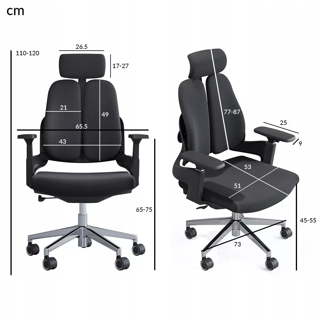 Ergonomiška biuro kėdė, besisukanti, reguliuojama, DIDELĖ, medžiaginė, juoda