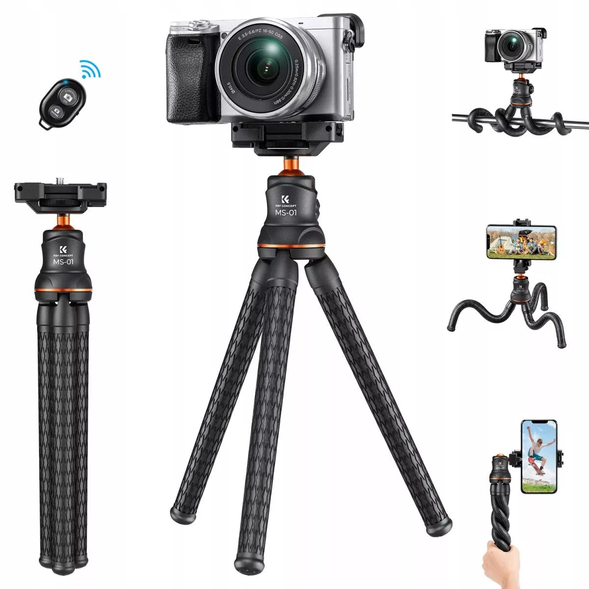 Lankstus K&F trikojis stovas fotoaparatui ir telefonui + Bluetooth nuotolinio valdymo pultelis