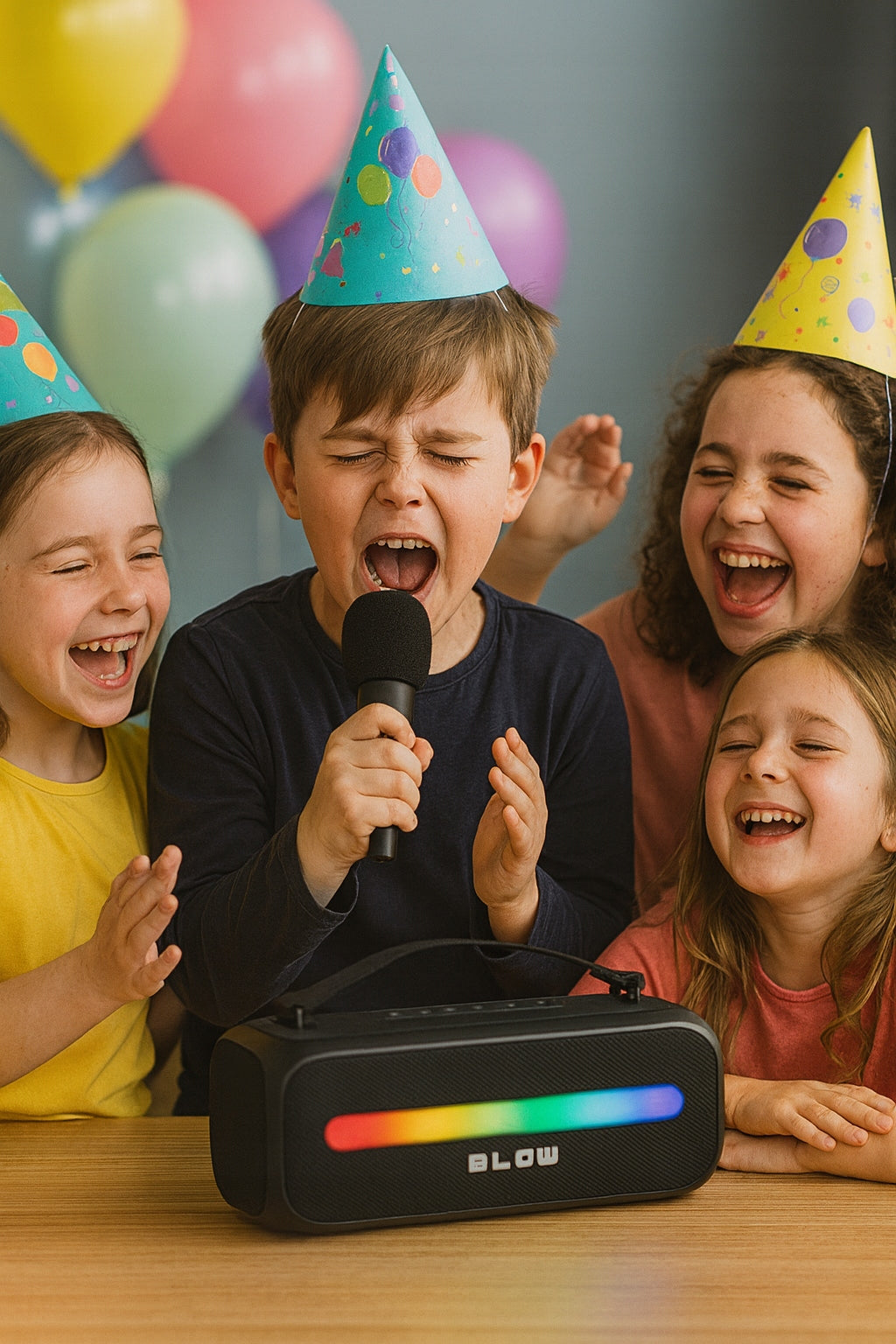 VAIKŲ KARAOKĖ GARSIAKALBIS BLUETOOTH RGB BELAIDIS NEŠIOJAMASIS + MIKROFONAS