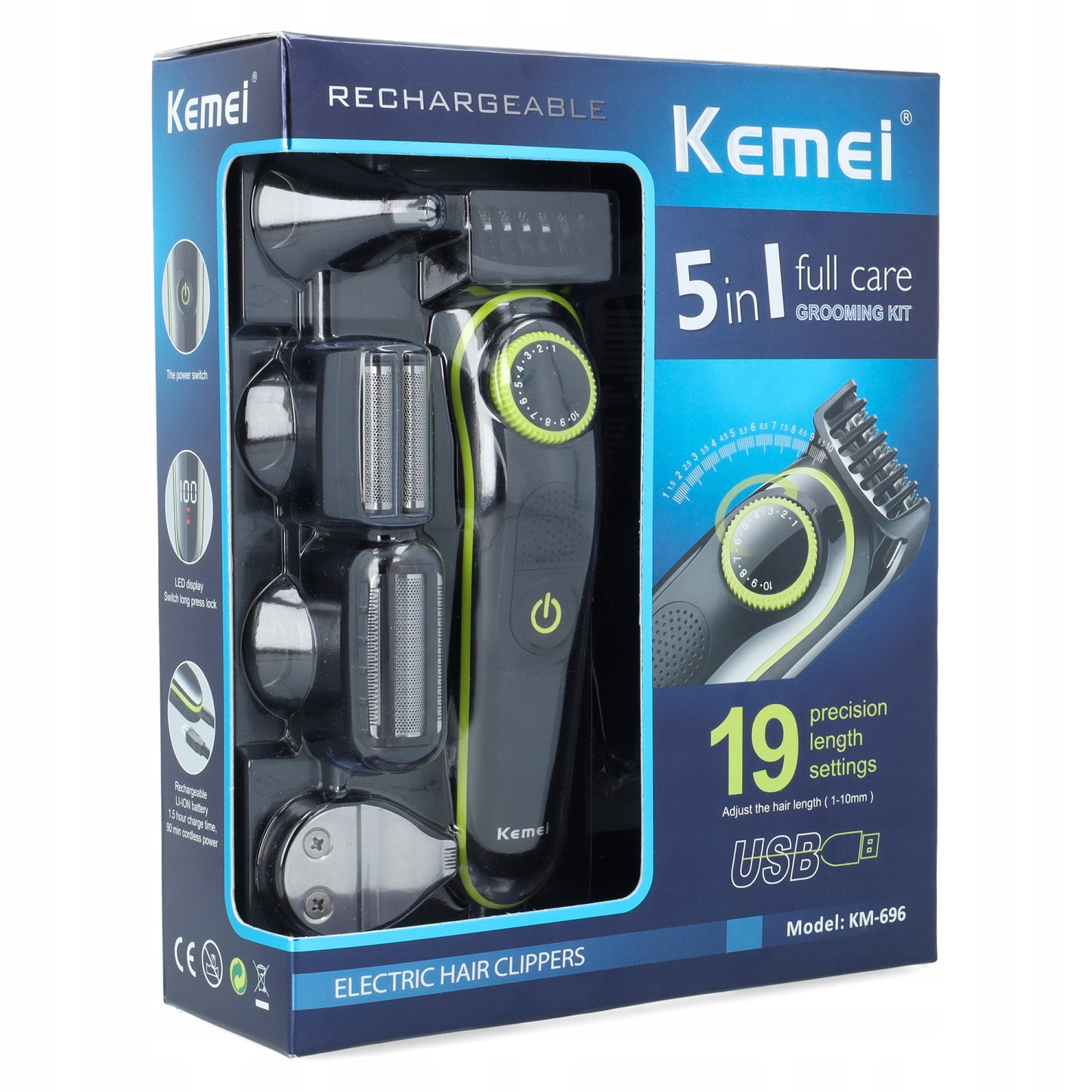 Vyriškas skustuvas, barzdos ir plaukų kirpimo mašinėlė, 5in1 rinkinys, KEMEI, BARBER, USB