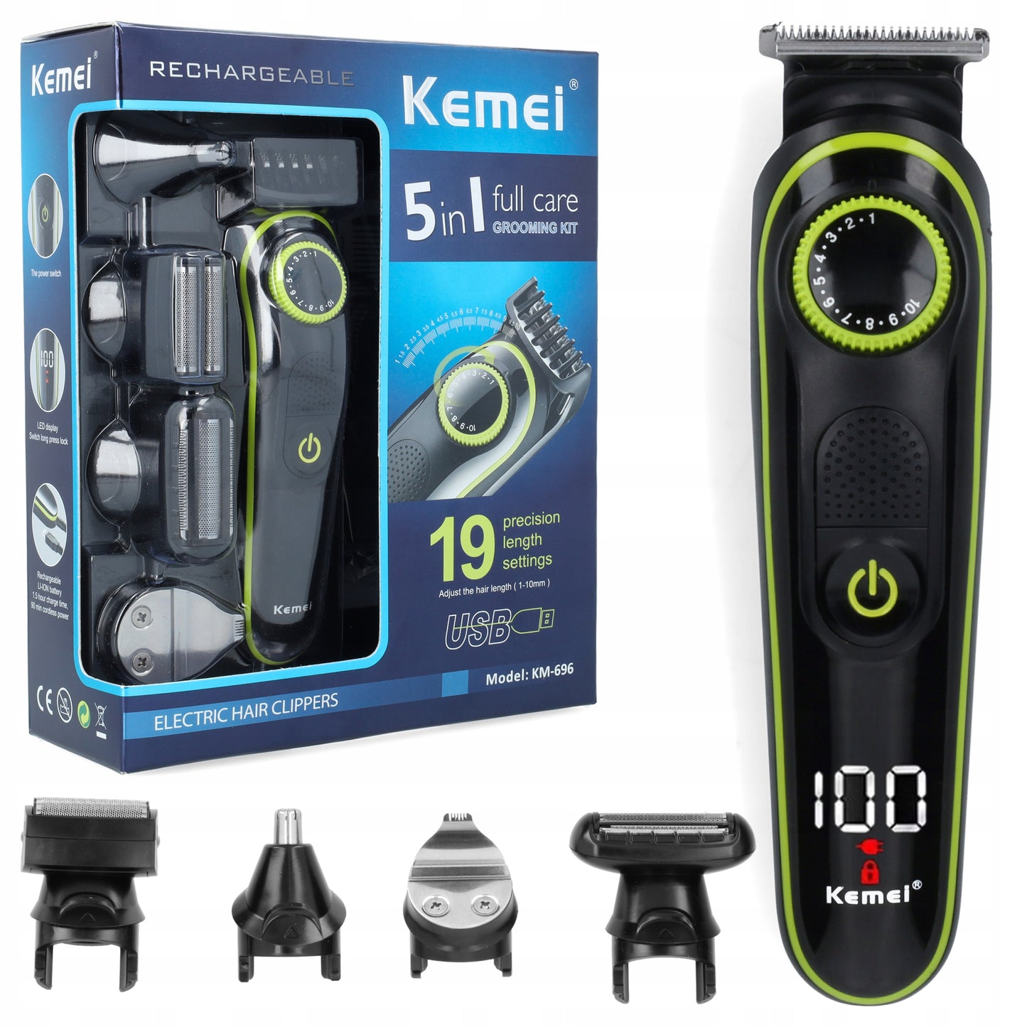 Vyriškas skustuvas, barzdos ir plaukų kirpimo mašinėlė, 5in1 rinkinys, KEMEI, BARBER, USB