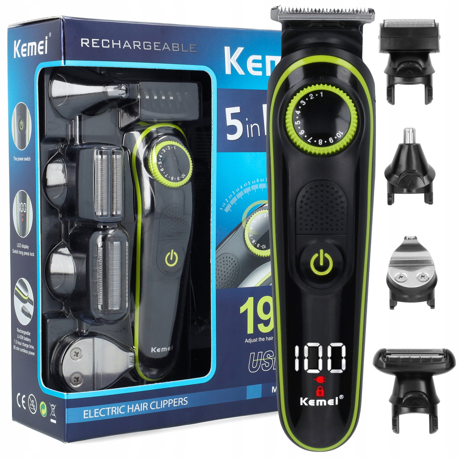 Vyriškas skustuvas, barzdos ir plaukų kirpimo mašinėlė, 5in1 rinkinys, KEMEI, BARBER, USB