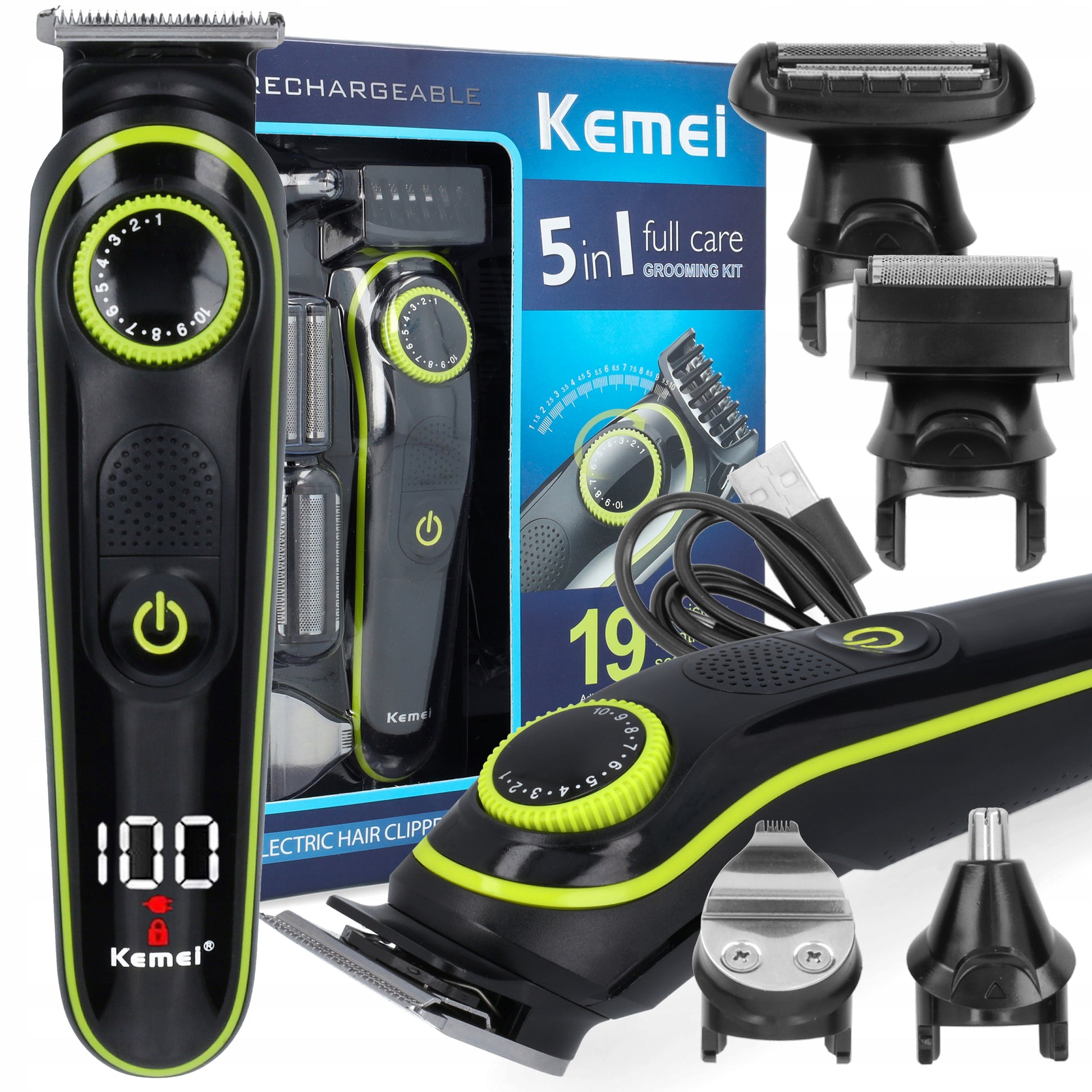 Vyriškas skustuvas, barzdos ir plaukų kirpimo mašinėlė, 5in1 rinkinys, KEMEI, BARBER, USB